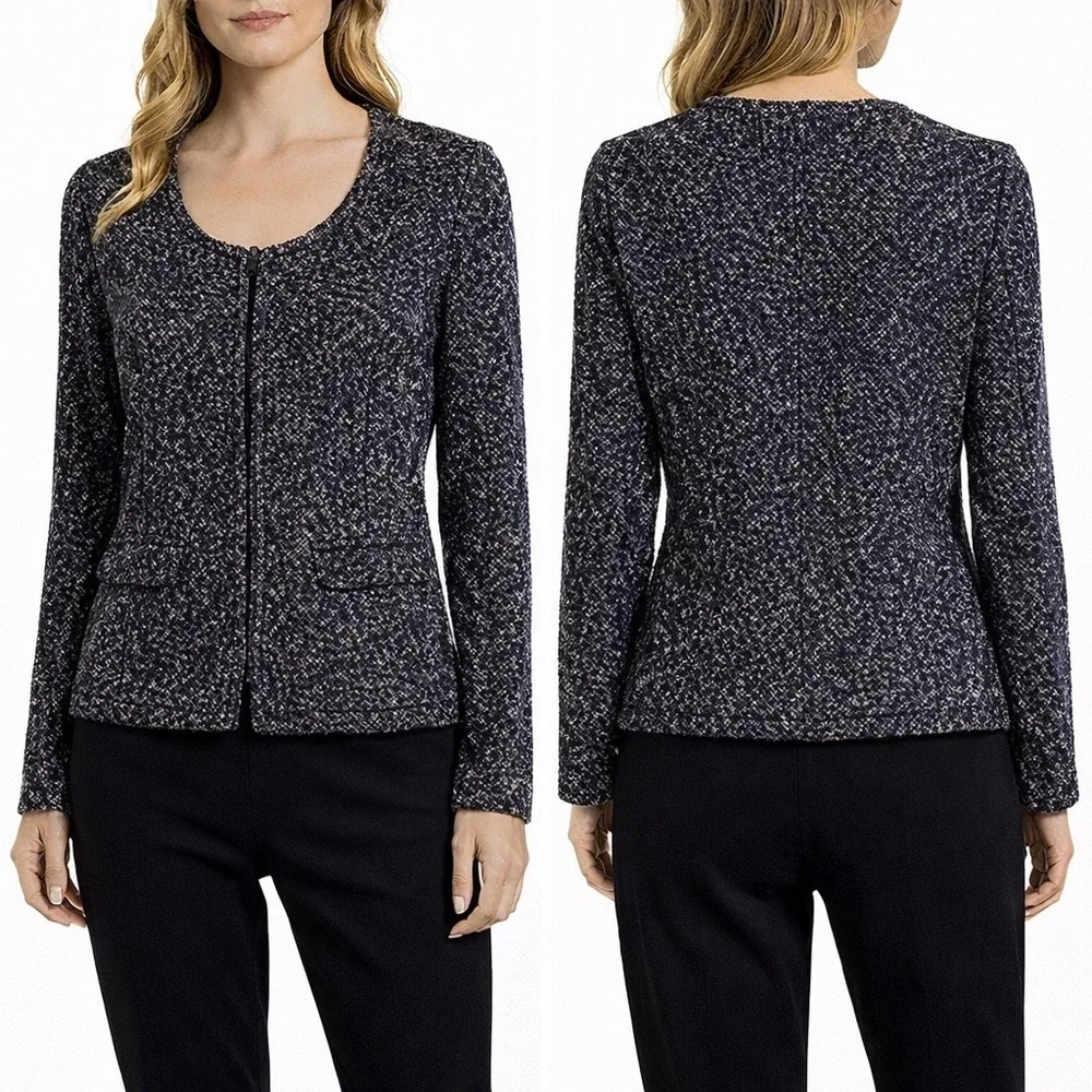 J. Crew Boucle Full Zip Sweater Jacket‎ Blazer Size Small Navy Blue Classic